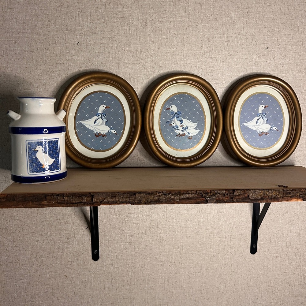 Vintage Country Goose Decor Set 3 Oval Framed Prints & Ceramic Milk Jug